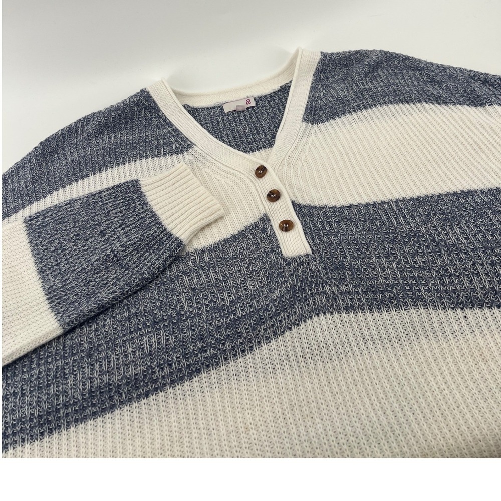SO Womens XL Blue White Striped Henley Tunic Sweater Marled Knit High Low Hem